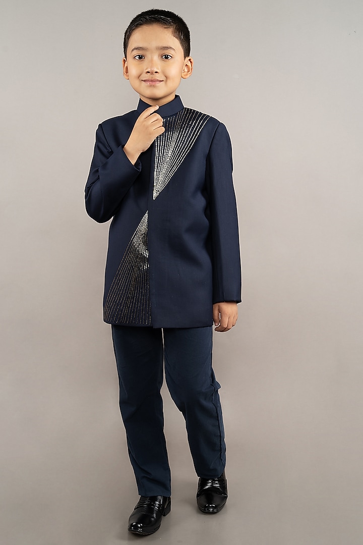 Blue Viscose Blend Cutdana Hand Embroidered Bandhgala Set For Boys by LITTLE BRATS