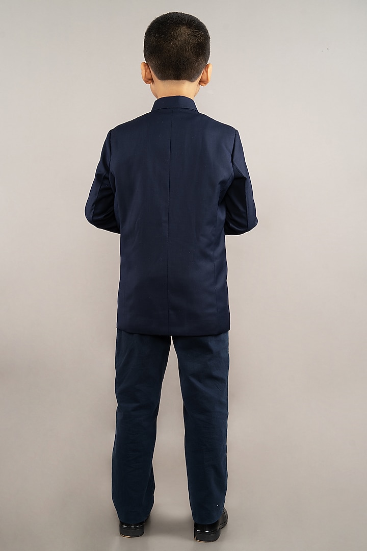 Blue Viscose Blend Cutdana Hand Embroidered Bandhgala Set For Boys by LITTLE BRATS at Pernia's Pop Up Shop