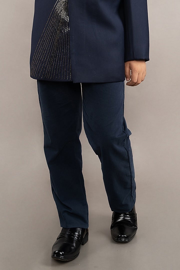 Blue Viscose Blend Cutdana Hand Embroidered Bandhgala Set For Boys by LITTLE BRATS at Pernia's Pop Up Shop