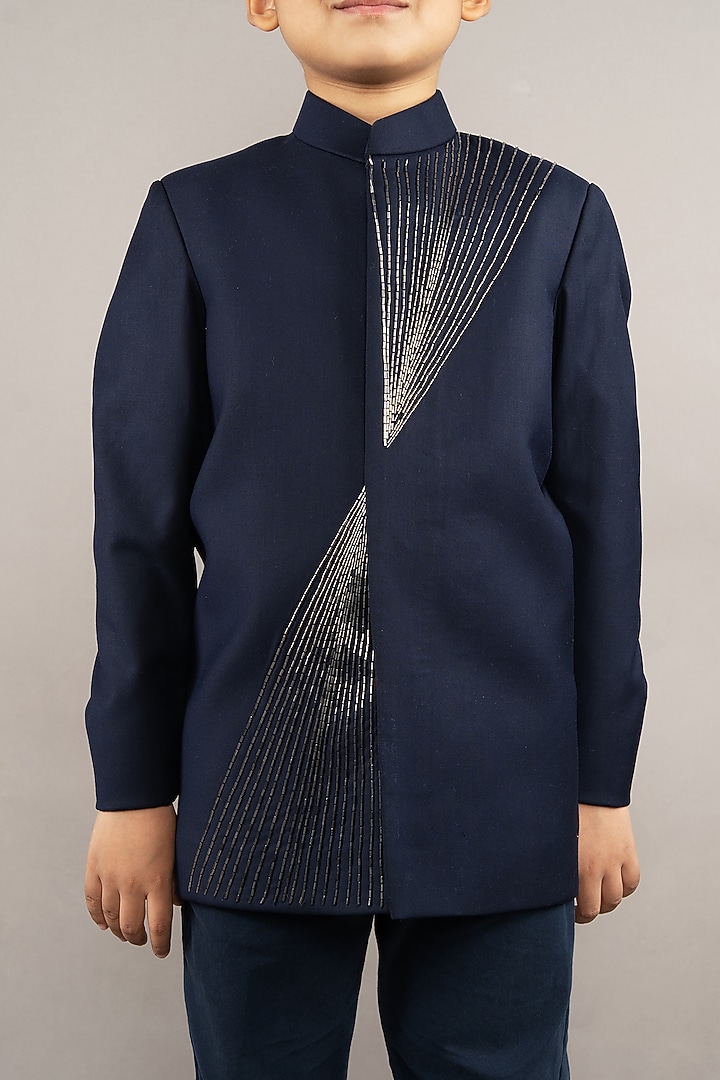 Blue Viscose Blend Cutdana Hand Embroidered Bandhgala Set For Boys by LITTLE BRATS at Pernia's Pop Up Shop