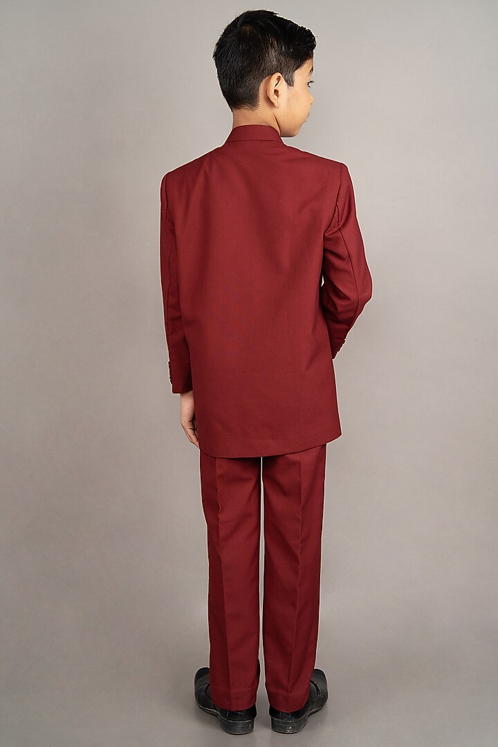 Maroon Viscose Blend Hand Embroidered Bandhgala Set For Boys by LITTLE BRATS at Pernia's Pop Up Shop
