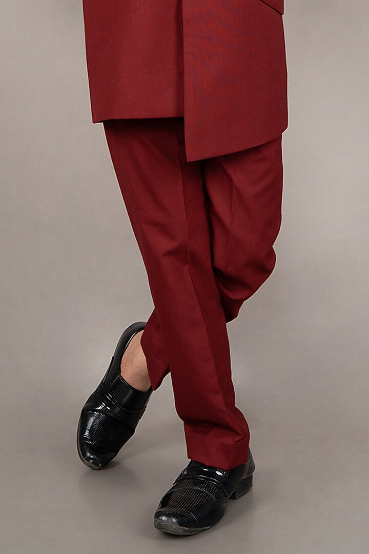 Maroon Viscose Blend Hand Embroidered Bandhgala Set For Boys by LITTLE BRATS at Pernia's Pop Up Shop