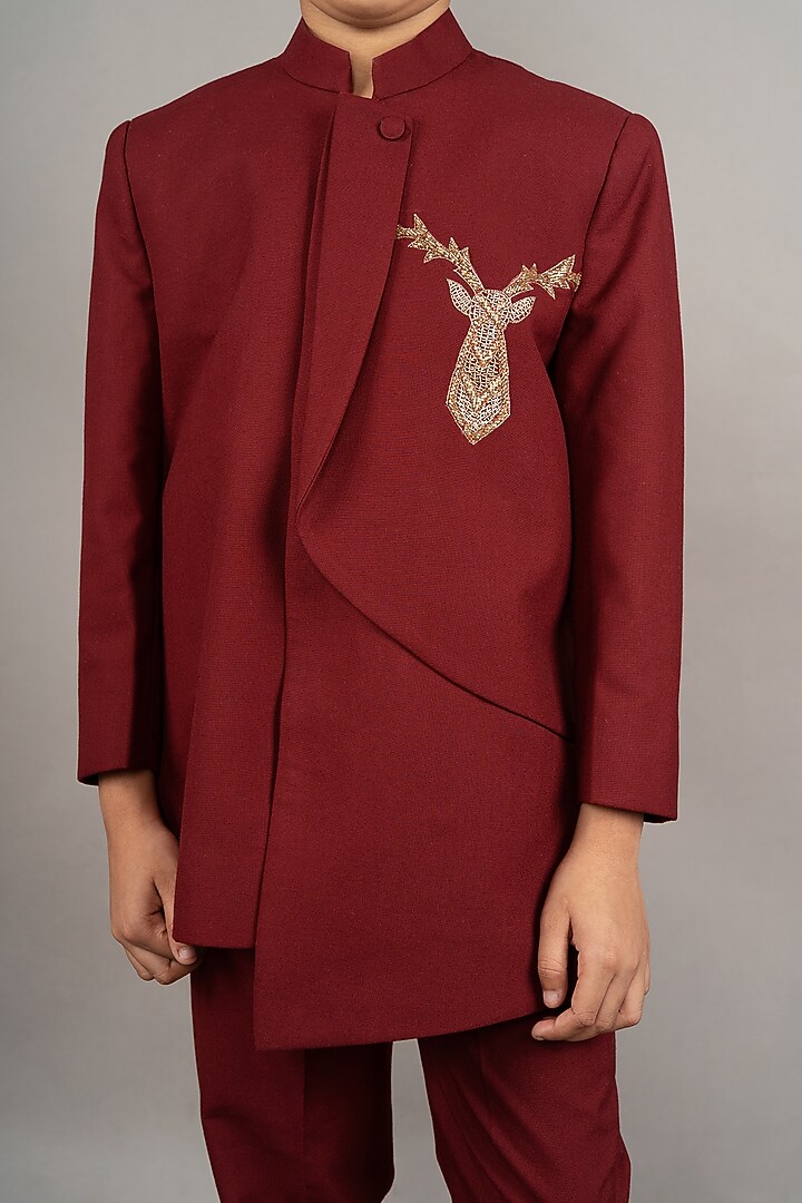 Maroon Viscose Blend Hand Embroidered Bandhgala Set For Boys by LITTLE BRATS at Pernia's Pop Up Shop