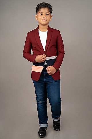 Maroon Viscose Blend Striped Blazer For Boys by LITTLE BRATS