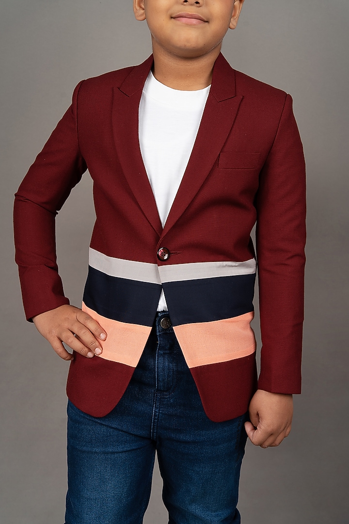 Maroon Viscose Blend Striped Blazer For Boys by LITTLE BRATS at Pernia's Pop Up Shop