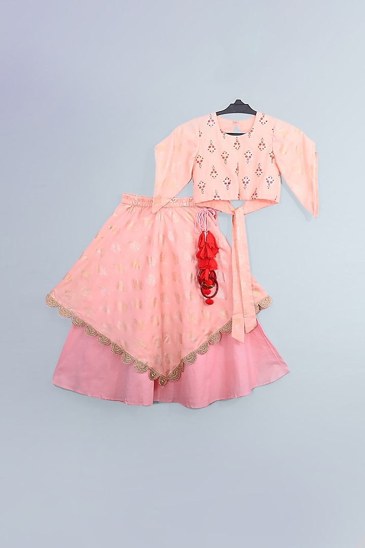 Powder Pink Printed & Embroidered Lehenga Set For Girls by LITTLE BRATS