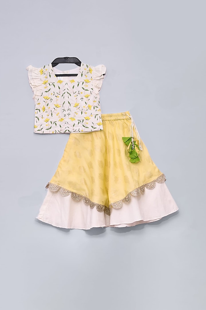 Off White & Yellow Printed & Embroidered Lehenga Set For Girls by LITTLE BRATS