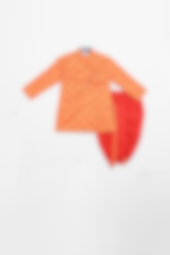 Peach & Red Embroidered Printed Kurta Set For Boys by LITTLE BRATS