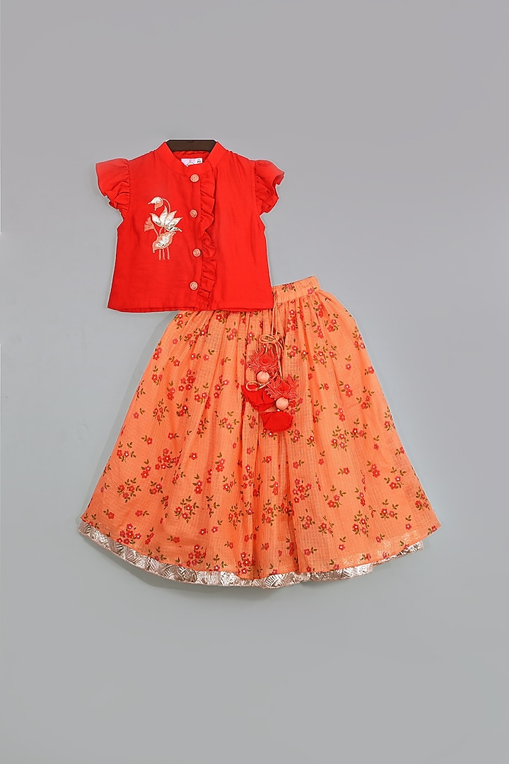 Red & Peach Embroidered Printed Lehenga Set For Girls by LITTLE BRATS