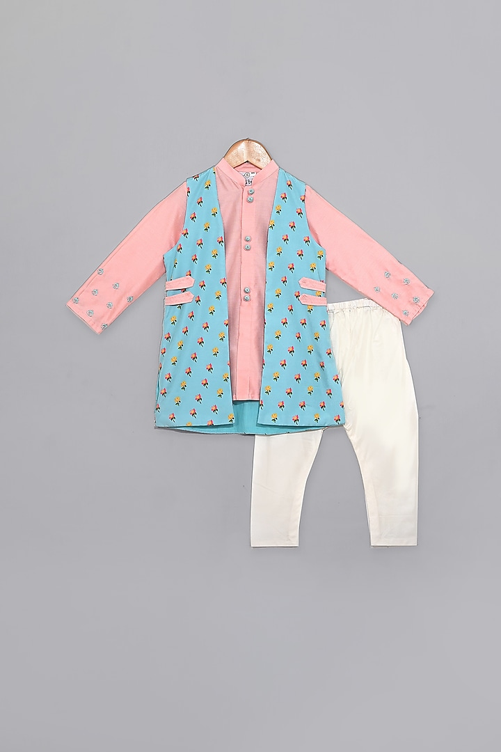 Baby Pink & Aqua Blue Embroidered Printed Kurta Set For Boys by LITTLE BRATS