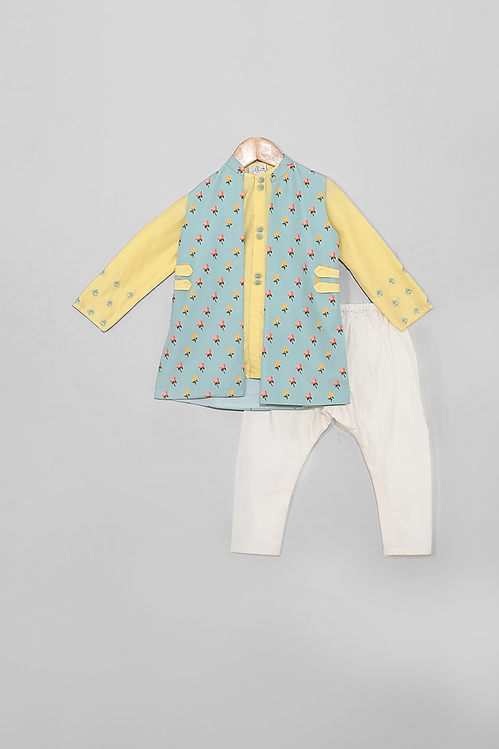 Yellow & Aqua Green Embroidered Printed Kurta Set For Boys by LITTLE BRATS