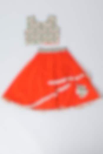 Red Net Embroidered Lehenga Set For Girls by LITTLE BRATS