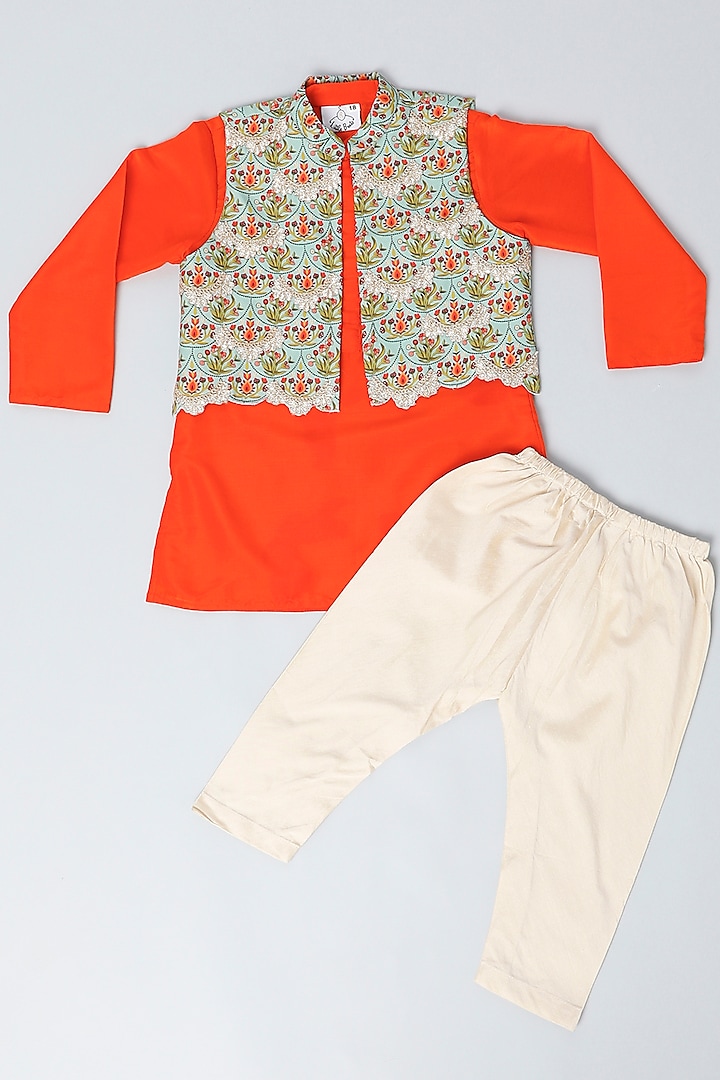 Multi-Colored Embroidered Jacket With Kurta Set For Boys by LITTLE BRATS