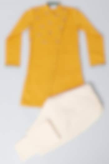 Yellow Embroidered Kurta Set For Boys by LITTLE BRATS