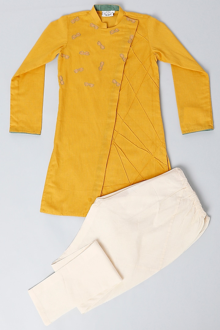 Yellow Embroidered Kurta Set For Boys by LITTLE BRATS