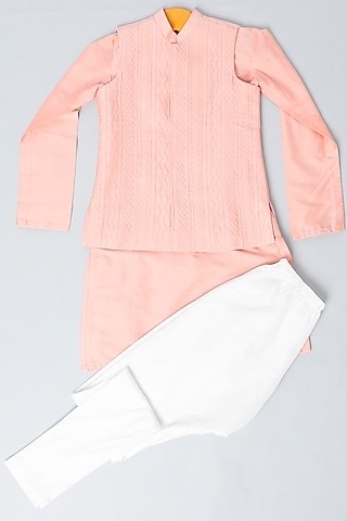 Peach Embroidered Jacket Set For Boys by LITTLE BRATS