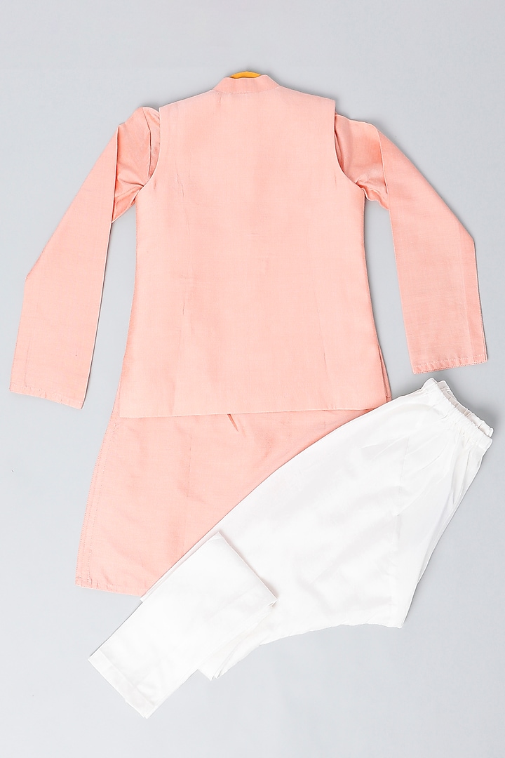 Peach Embroidered Jacket Set For Boys by LITTLE BRATS at Pernia's Pop Up Shop