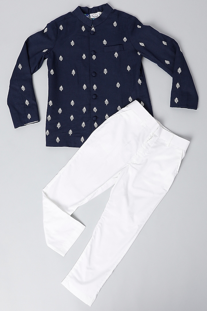 Blue Embroidered Bandhgala Set For Boys by LITTLE BRATS at Pernia's Pop Up Shop