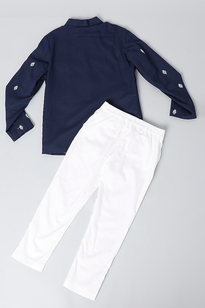 Blue Embroidered Bandhgala Set For Boys by LITTLE BRATS at Pernia's Pop Up Shop