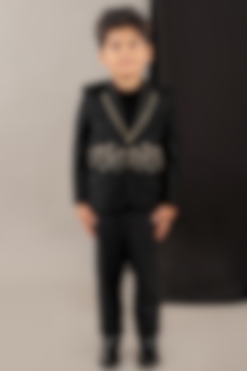 Black Viscose Blend Embroidered Blazer Set For Boys by LITTLE BRATS at Pernia's Pop Up Shop