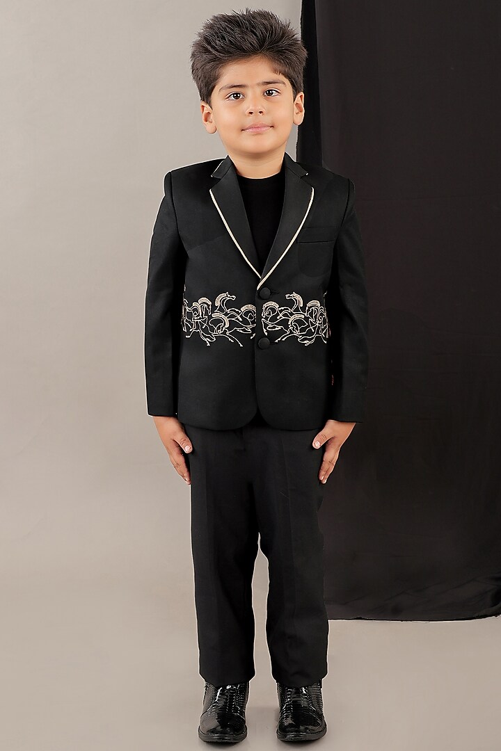 Black Viscose Blend Embroidered Blazer Set For Boys by LITTLE BRATS at Pernia's Pop Up Shop