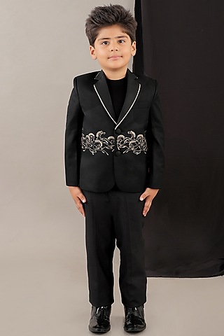 Black Viscose Blend Embroidered Blazer Set For Boys by LITTLE BRATS