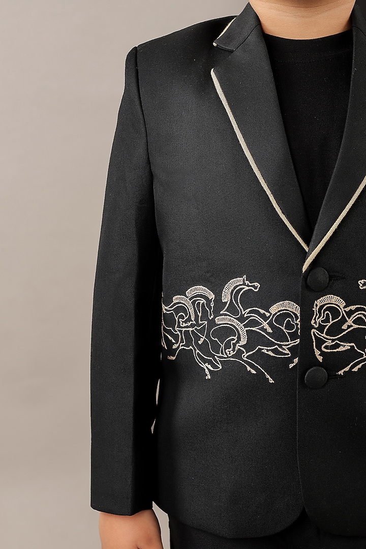 Black Viscose Blend Embroidered Blazer Set For Boys by LITTLE BRATS at Pernia's Pop Up Shop