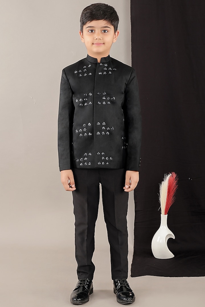 Black Viscose Blend Embroidered Coat Set For Boys by LITTLE BRATS at Pernia's Pop Up Shop