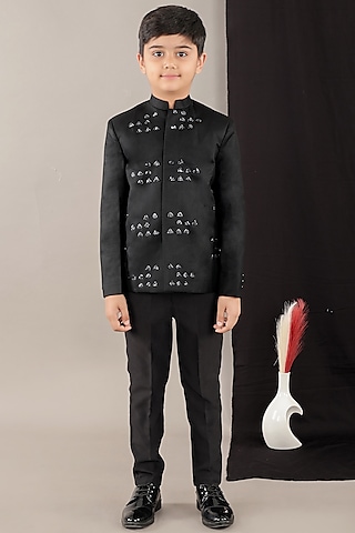 Black Viscose Blend Embroidered Coat Set For Boys by LITTLE BRATS