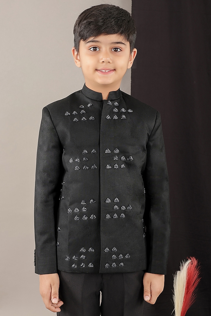 Black Viscose Blend Embroidered Coat Set For Boys by LITTLE BRATS at Pernia's Pop Up Shop