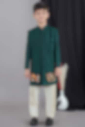 Bottle Green Cotton Silk Embroidered Sherwani Set For Boys by LITTLE BRATS at Pernia's Pop Up Shop