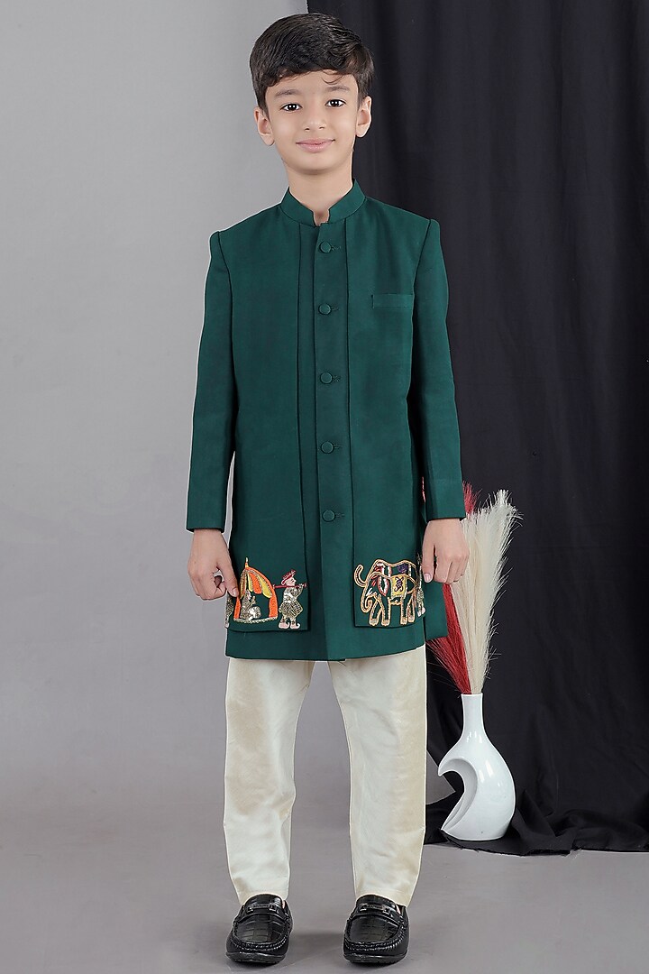 Bottle Green Cotton Silk Embroidered Sherwani Set For Boys by LITTLE BRATS at Pernia's Pop Up Shop