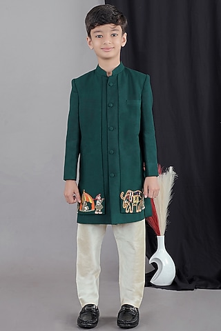 Bottle Green Cotton Silk Embroidered Sherwani Set For Boys by LITTLE BRATS