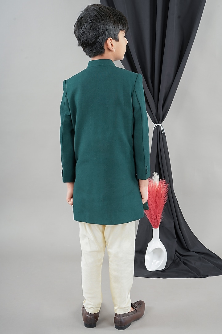 Bottle Green Cotton Silk Embroidered Sherwani Set For Boys by LITTLE BRATS at Pernia's Pop Up Shop