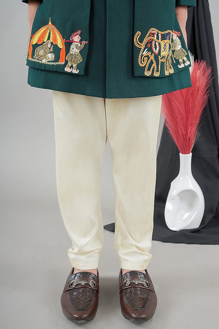 Bottle Green Cotton Silk Embroidered Sherwani Set For Boys by LITTLE BRATS at Pernia's Pop Up Shop