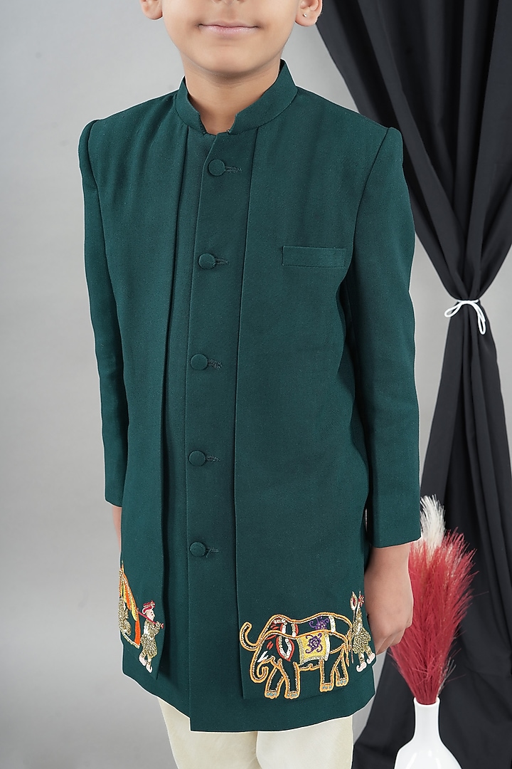 Bottle Green Cotton Silk Embroidered Sherwani Set For Boys by LITTLE BRATS at Pernia's Pop Up Shop
