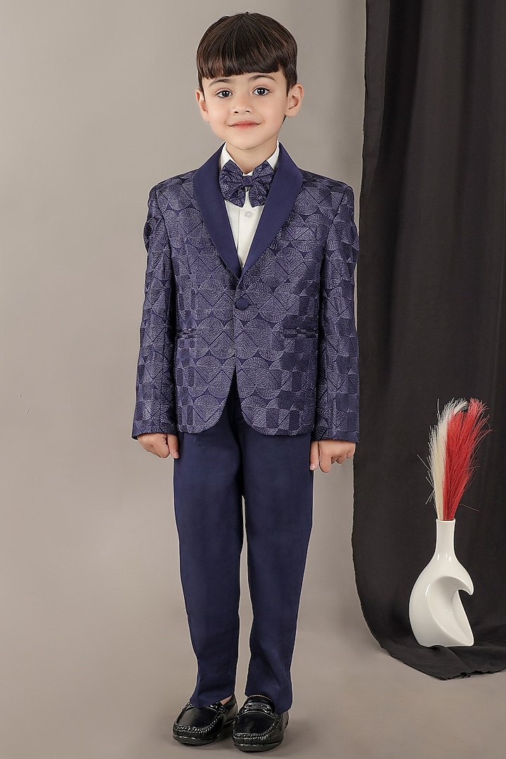 Navy Blue Viscose Blend Embroidered Tuxedo Set by LITTLE BRATS at Pernia's Pop Up Shop