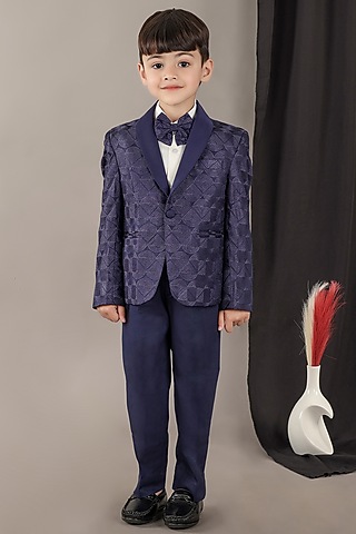Navy Blue Viscose Blend Embroidered Tuxedo Set by LITTLE BRATS