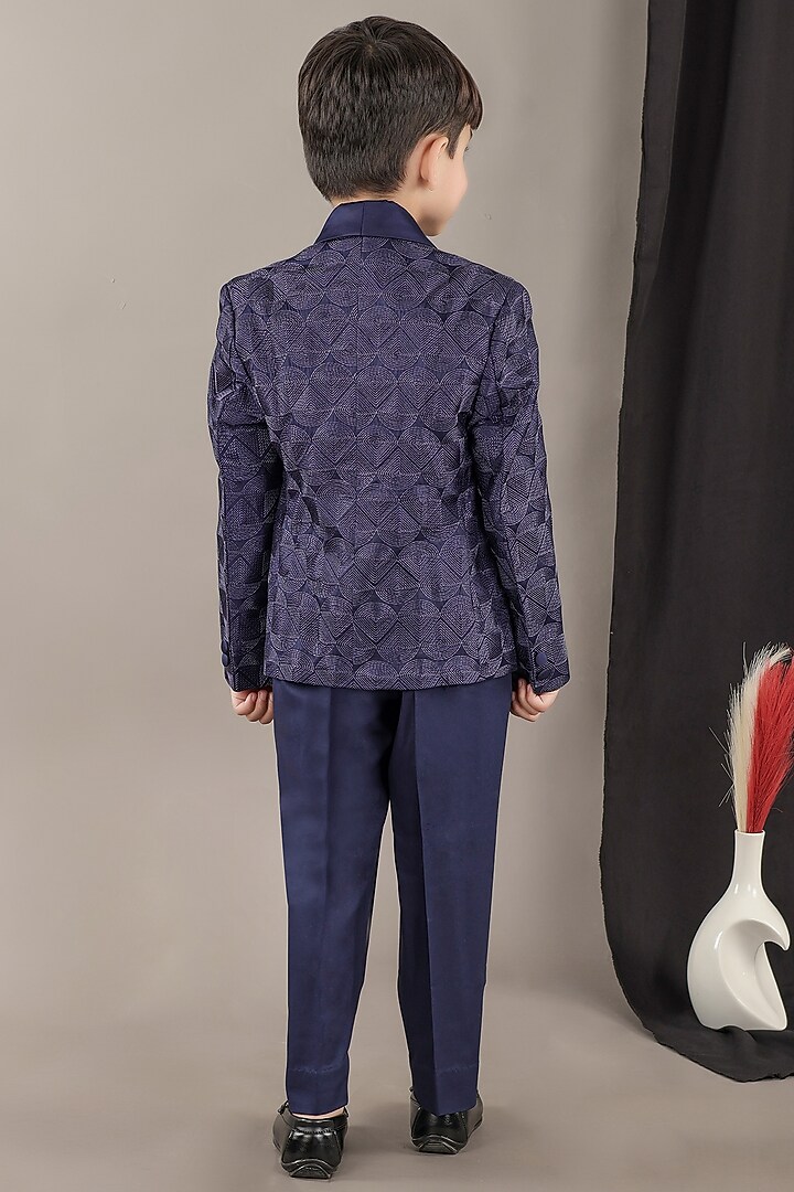 Navy Blue Viscose Blend Embroidered Tuxedo Set by LITTLE BRATS at Pernia's Pop Up Shop