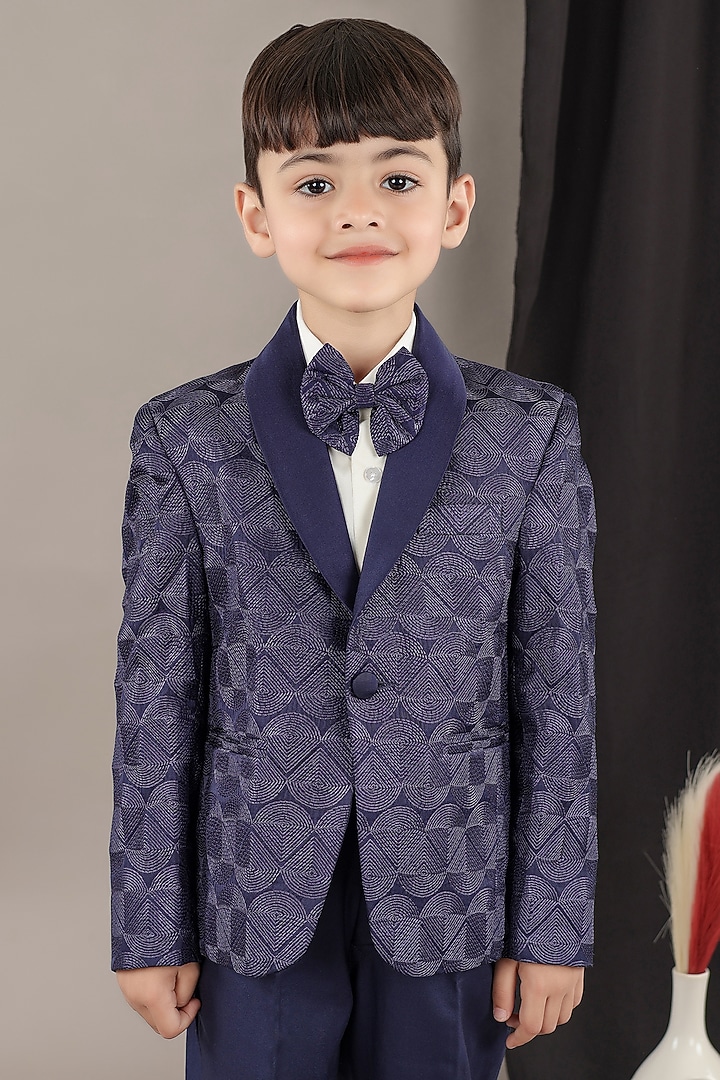 Navy Blue Viscose Blend Embroidered Tuxedo Set by LITTLE BRATS at Pernia's Pop Up Shop
