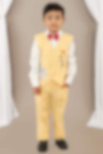 Yellow Cotton Blend Applique Embroidered Waistcoat Set For Boys by LITTLE BRATS at Pernia's Pop Up Shop
