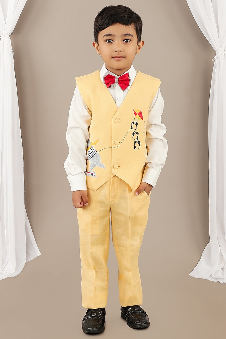 Yellow Cotton Blend Applique Embroidered Waistcoat Set For Boys by LITTLE BRATS at Pernia's Pop Up Shop