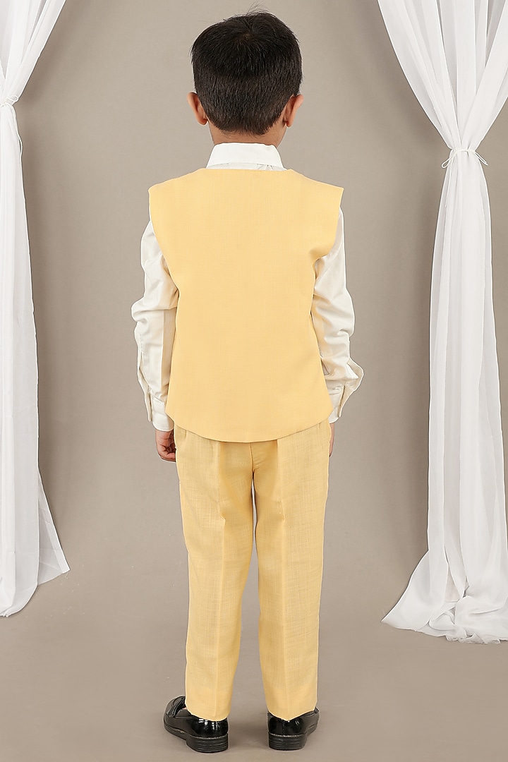 Yellow Cotton Blend Applique Embroidered Waistcoat Set For Boys by LITTLE BRATS at Pernia's Pop Up Shop