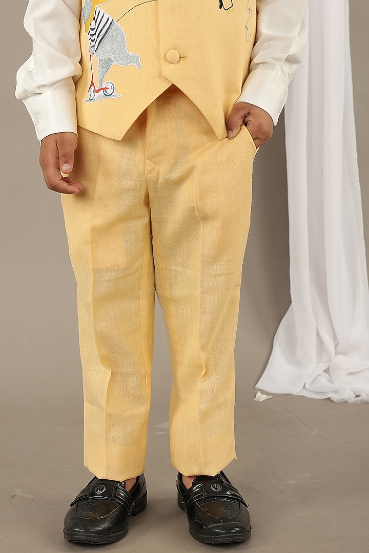 Yellow Cotton Blend Applique Embroidered Waistcoat Set For Boys by LITTLE BRATS at Pernia's Pop Up Shop