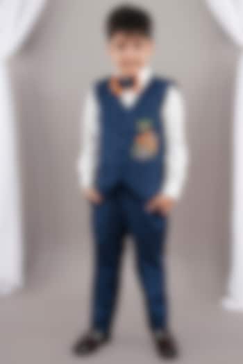 Prussian Blue Cotton Blend & Viscose Blend Hand Embroidered Waistcoat Set For Boys by LITTLE BRATS at Pernia's Pop Up Shop