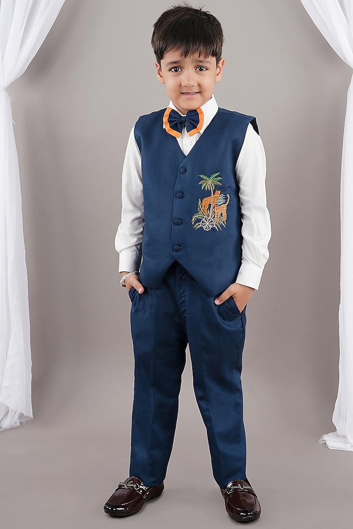 Prussian Blue Cotton Blend & Viscose Blend Hand Embroidered Waistcoat Set For Boys by LITTLE BRATS at Pernia's Pop Up Shop