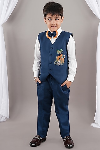 Prussian Blue Cotton Blend & Viscose Blend Hand Embroidered Waistcoat Set For Boys by LITTLE BRATS