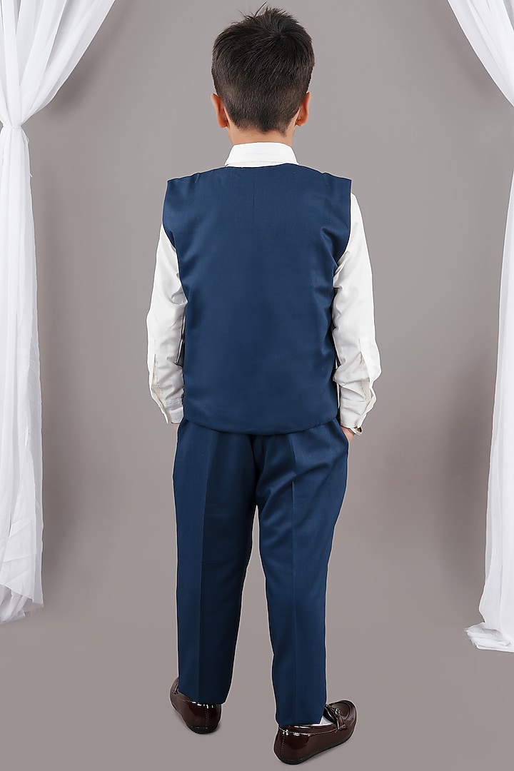 Prussian Blue Cotton Blend & Viscose Blend Hand Embroidered Waistcoat Set For Boys by LITTLE BRATS at Pernia's Pop Up Shop