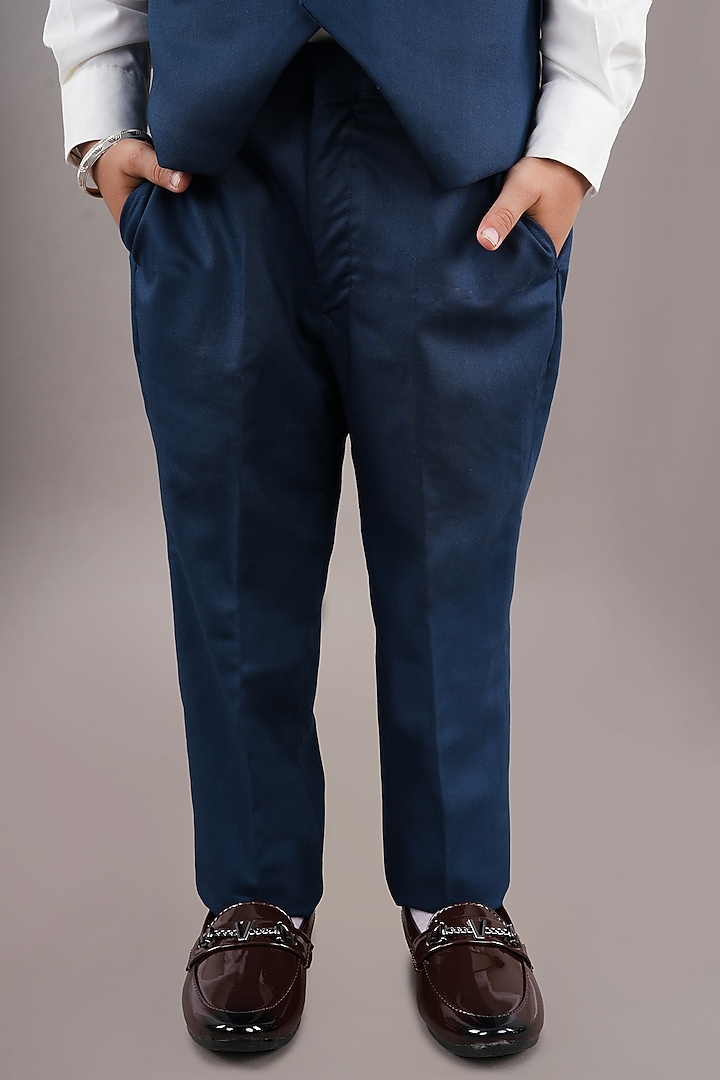 Prussian Blue Cotton Blend & Viscose Blend Hand Embroidered Waistcoat Set For Boys by LITTLE BRATS at Pernia's Pop Up Shop
