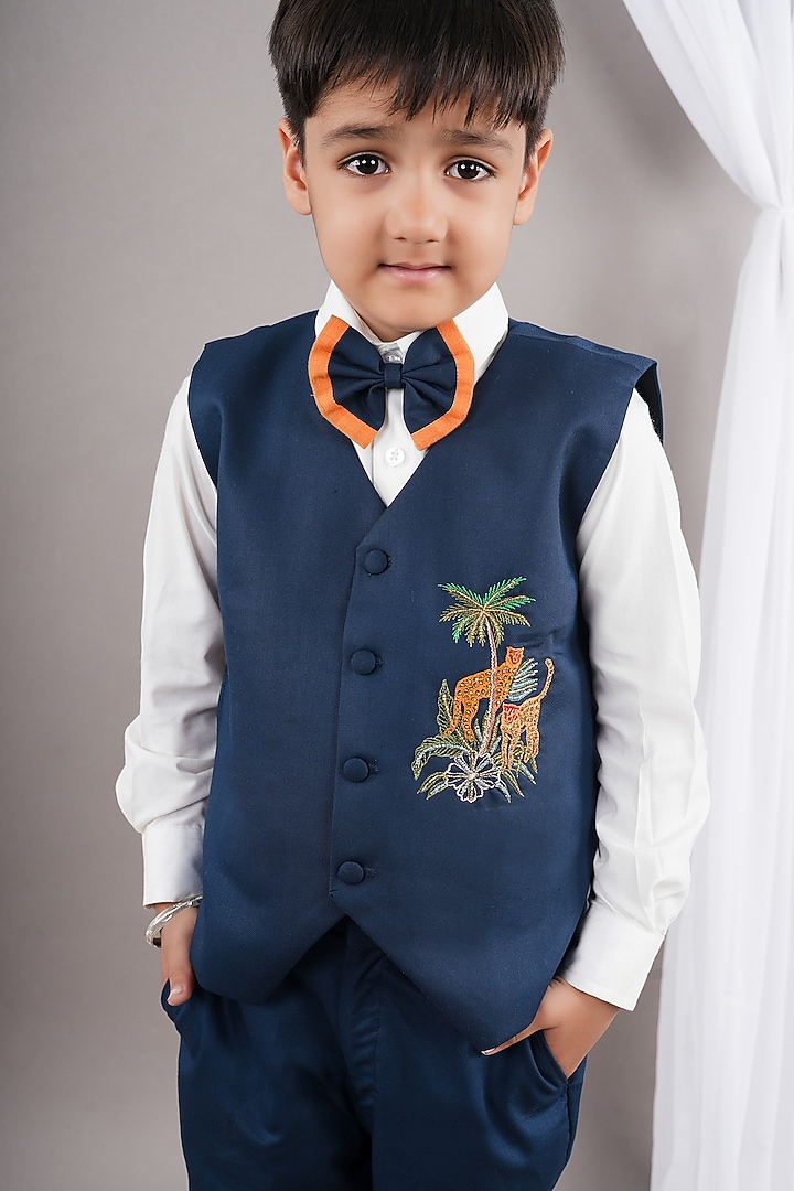 Prussian Blue Cotton Blend & Viscose Blend Hand Embroidered Waistcoat Set For Boys by LITTLE BRATS at Pernia's Pop Up Shop